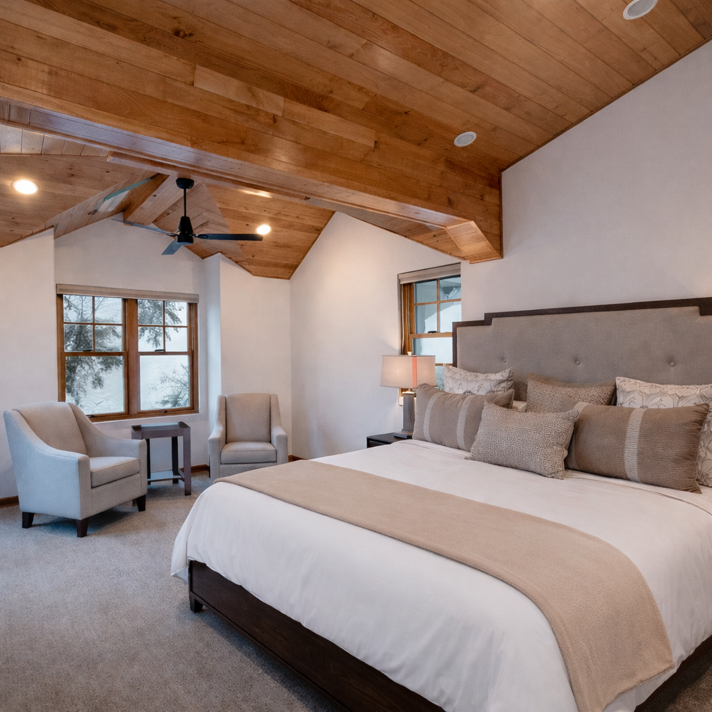 Unwind in this elegant bedroom where rustic wood beams meet modern comfort, featuring a plush king bed and cozy reading nook.