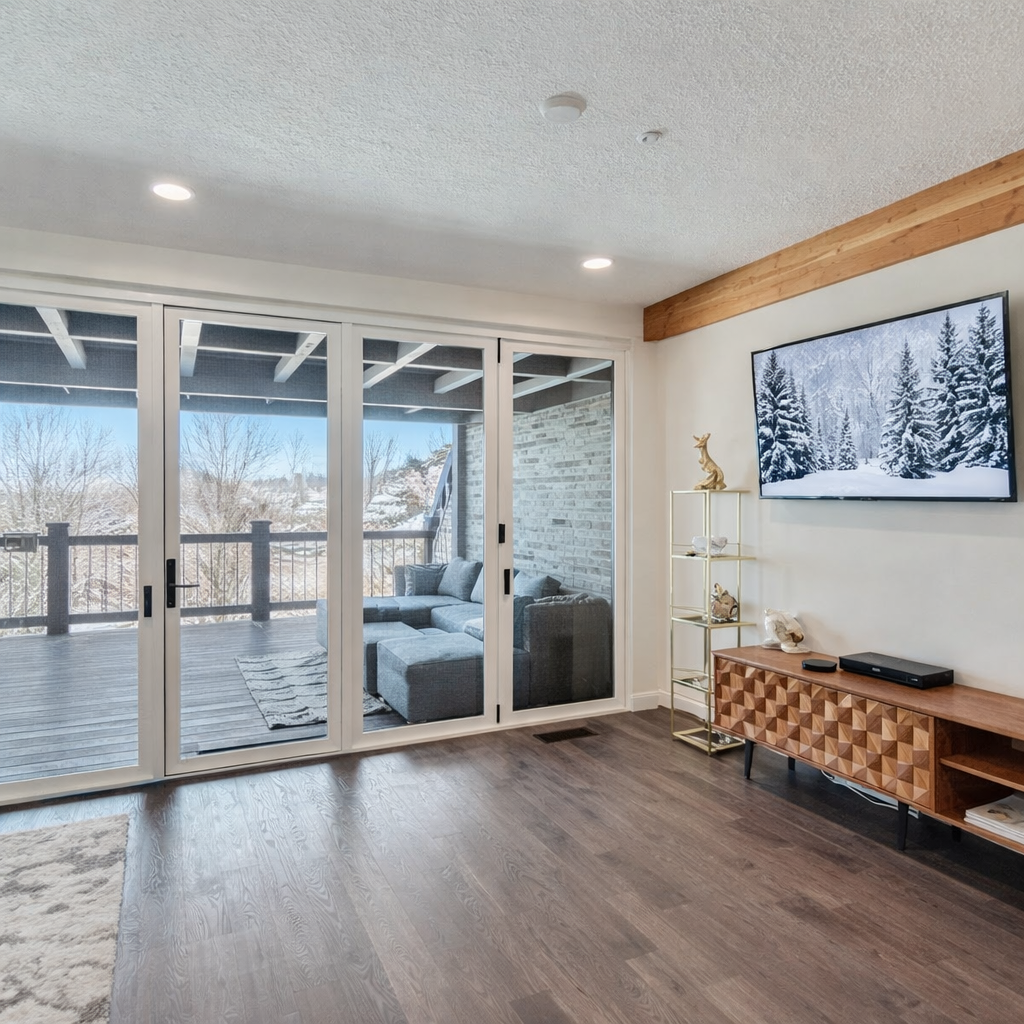 Step into your modern living space where warm wood tones meet sleek design, opening to a private patio perfect for relaxation.