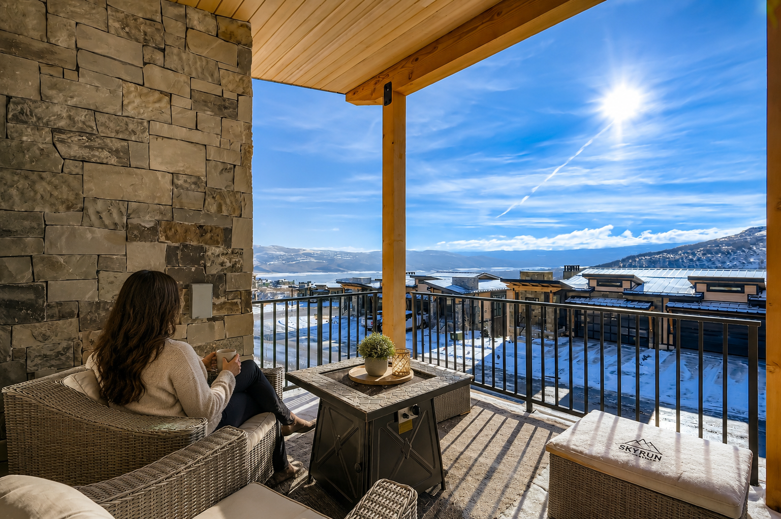 Relax on your private balcony with a warm drink, taking in stunning mountain and lake views framed by comfortable seating and modern outdoor comfort.