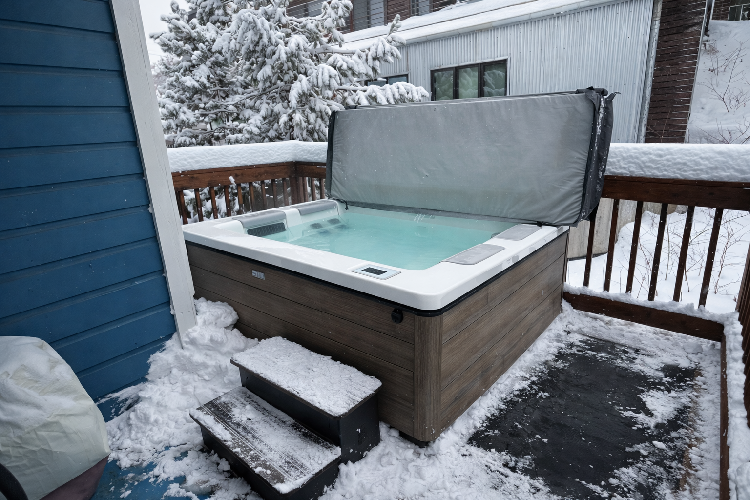 Unwind in this serene winter oasis featuring a private, steaming hot tub on a snowy deck. Perfect for après-ski relaxation, this cozy retreat offers the ultimate seasonal escape.