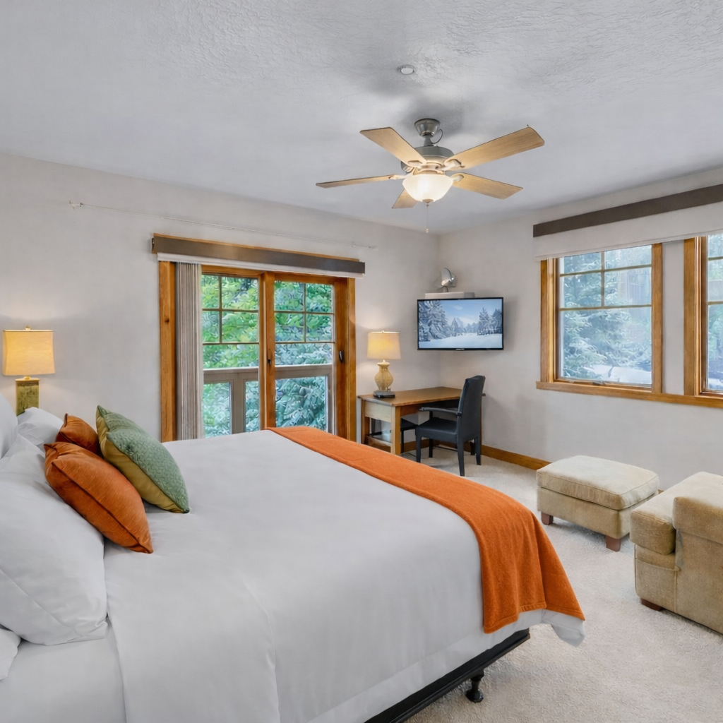 Inviting primary bedroom featuring a comfortable king-size bed, ceiling fan, and access to a private balcony. A peaceful mountain retreat awaits.