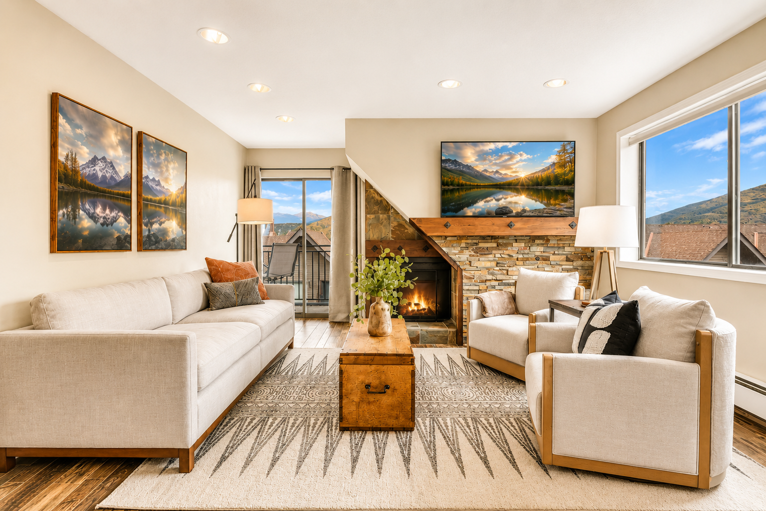 Sink into plush sofas by the crackling fireplace, where mountain views frame your perfect getaway. Natural light floods this cozy retreat, inviting you to unwind in style.