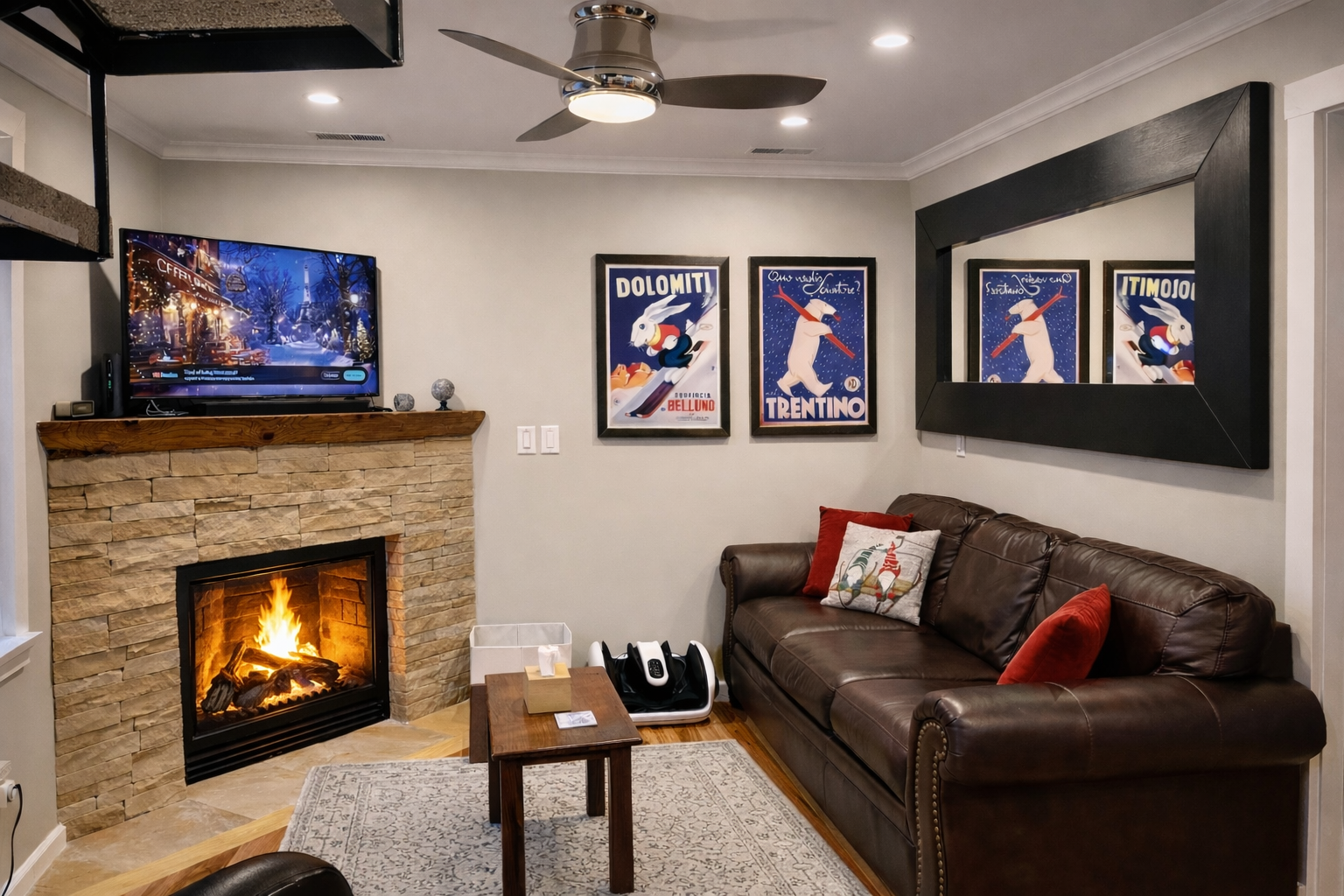 Cozy up on the plush leather sofa by your crackling fireplace, perfect for movie nights after exploring the slopes.