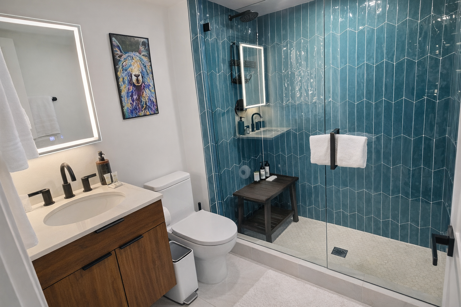 Refresh in your stylish bathroom featuring stunning blue tile work, modern fixtures, and a spacious glass shower with built-in seating.