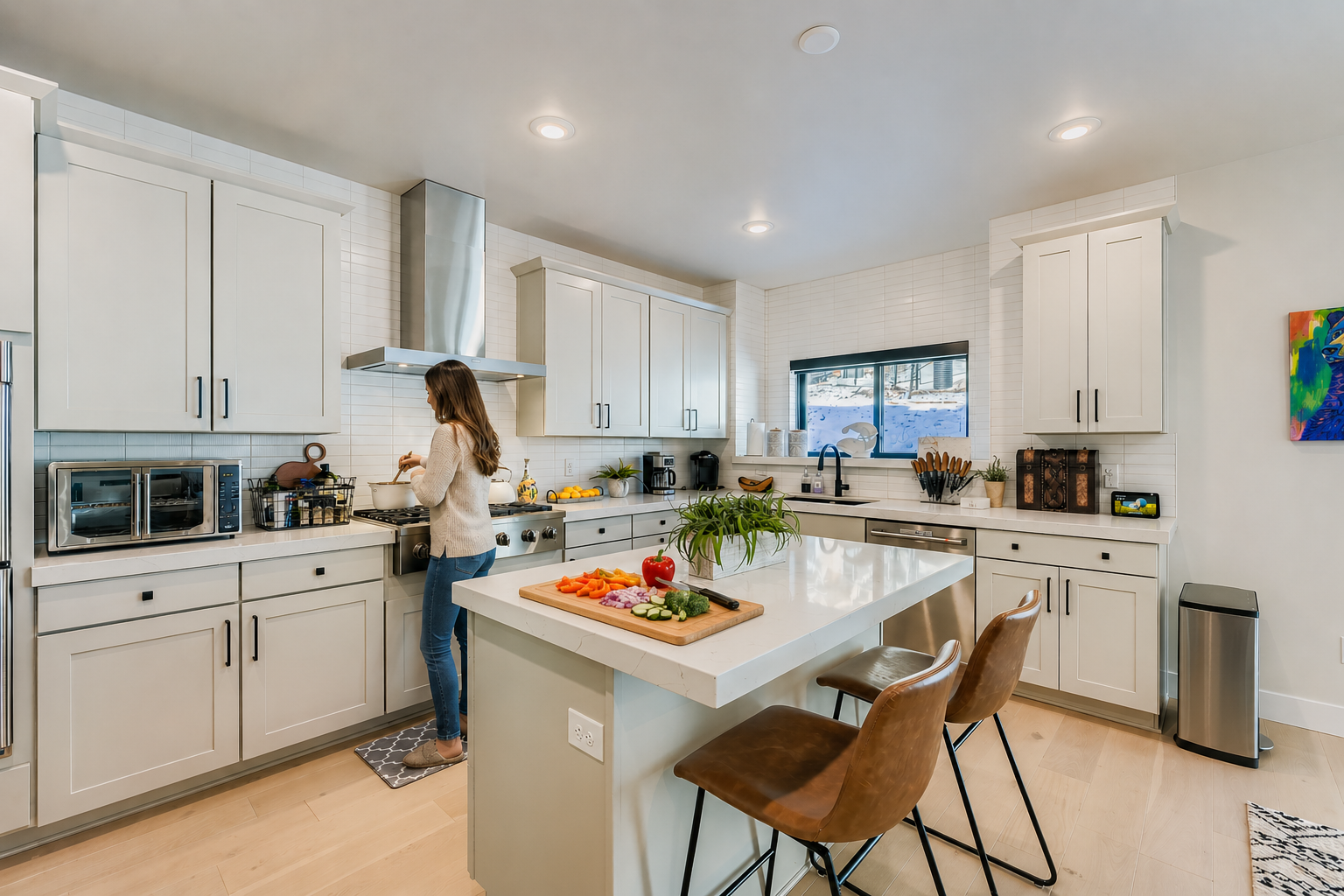 Your spacious gourmet kitchen features marble countertops, stainless steel appliances, and a breakfast island where you'll craft memorable meals together.