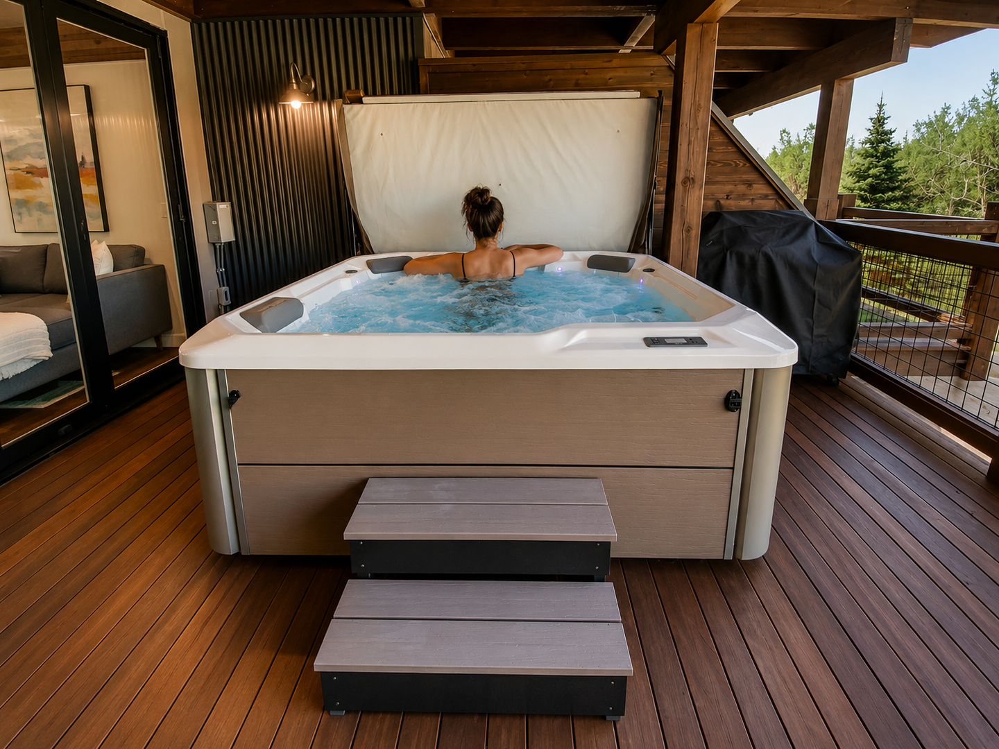 Sink into your private hot tub on the deck, surrounded by peaceful forest views and open sky—your perfect spot to relax and unwind.