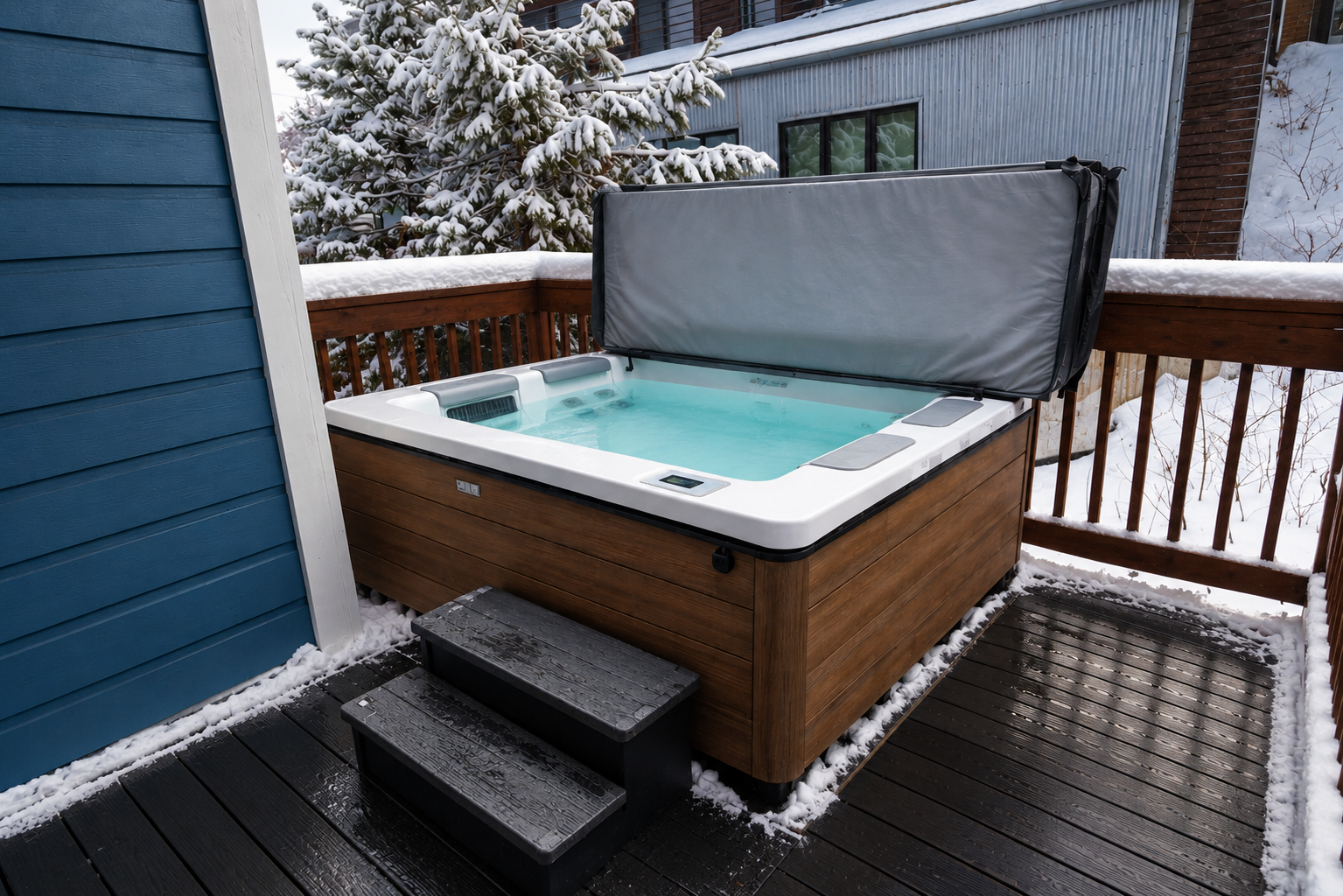 Soak in the steaming hot tub on your private deck, surrounded by snowy pines and crisp mountain air—a perfect retreat after a day of winter adventure.