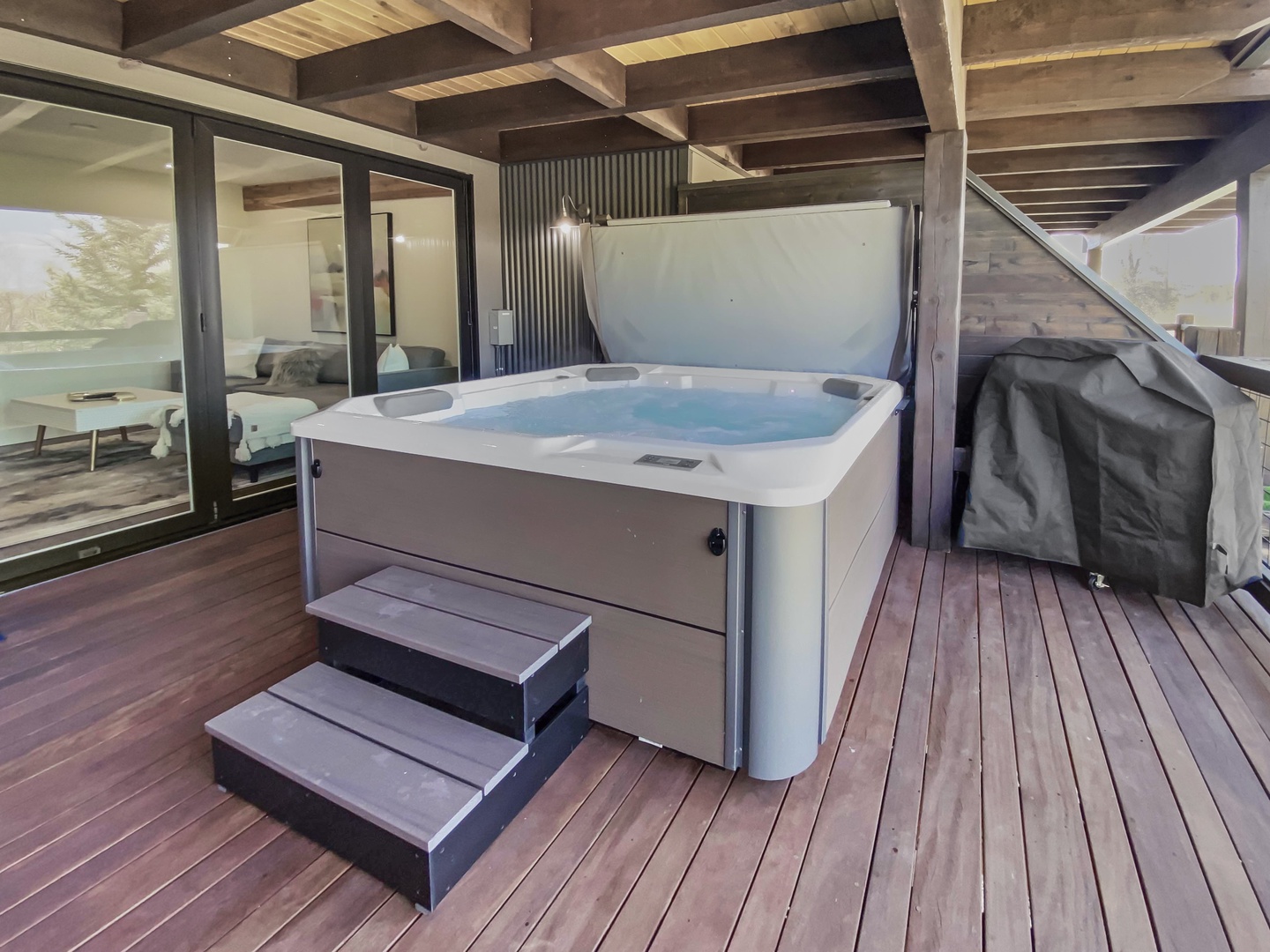Soak under the stars in your private outdoor hot tub on the deck. Perfect for relaxing and unwinding after a day of mountain adventures.