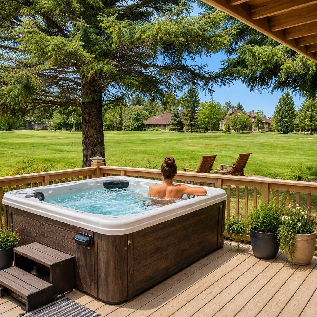 Soak under the stars in your private outdoor hot tub on the deck. Perfect for relaxing and unwinding after a day of mountain adventures, with views of the surrounding hills.