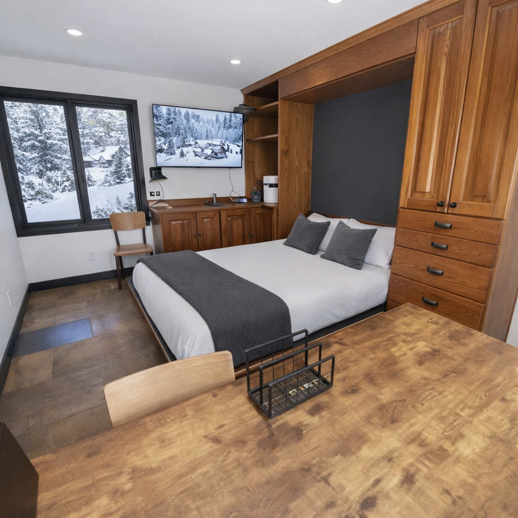 Drift off to sleep surrounded by warm wood finishes while snow-covered mountains frame your windows in this cozy alpine retreat.