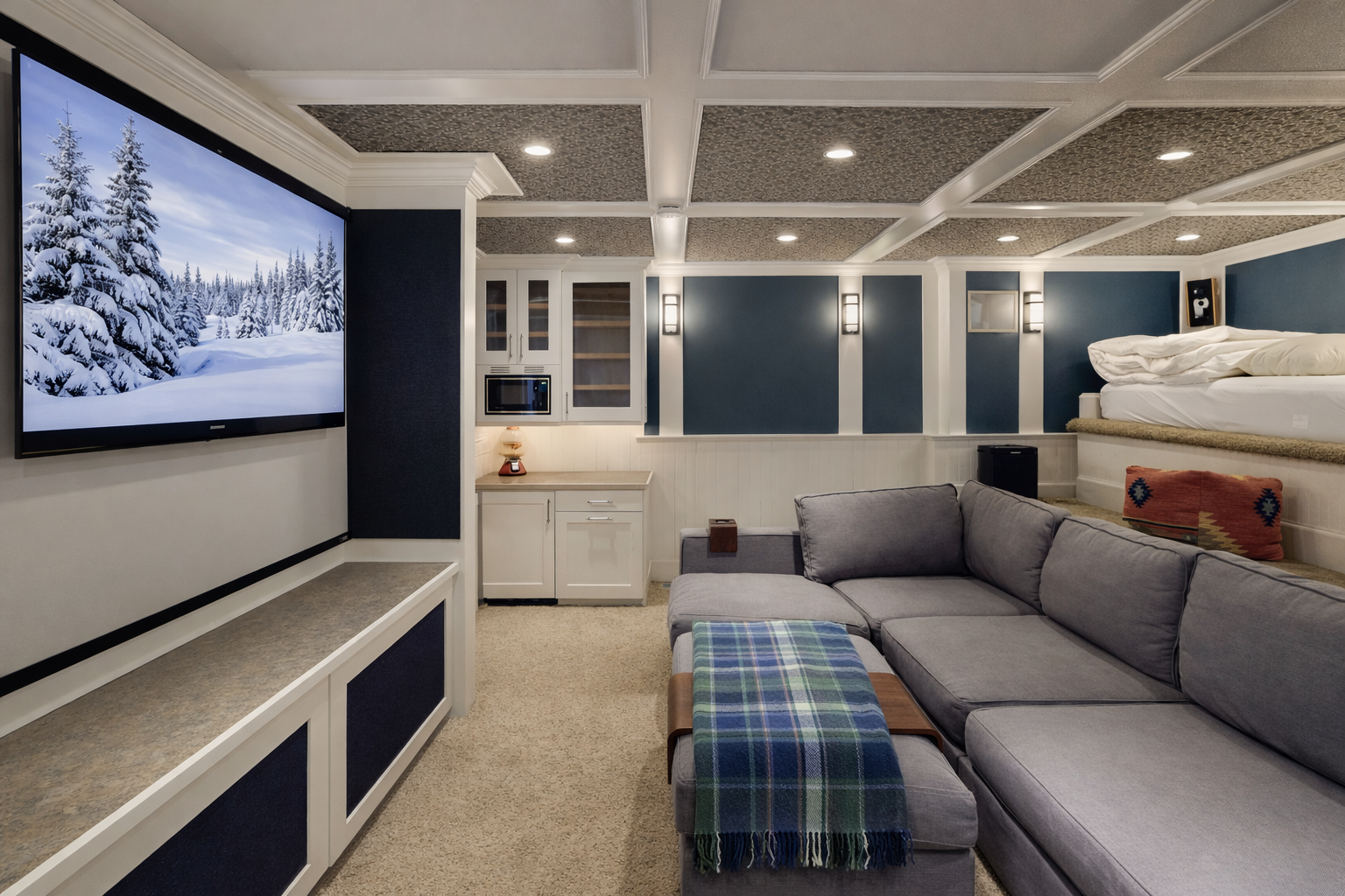 Your private entertainment sanctuary features a massive screen, plush sectional seating, and cozy built-in bunks for ultimate movie nights.