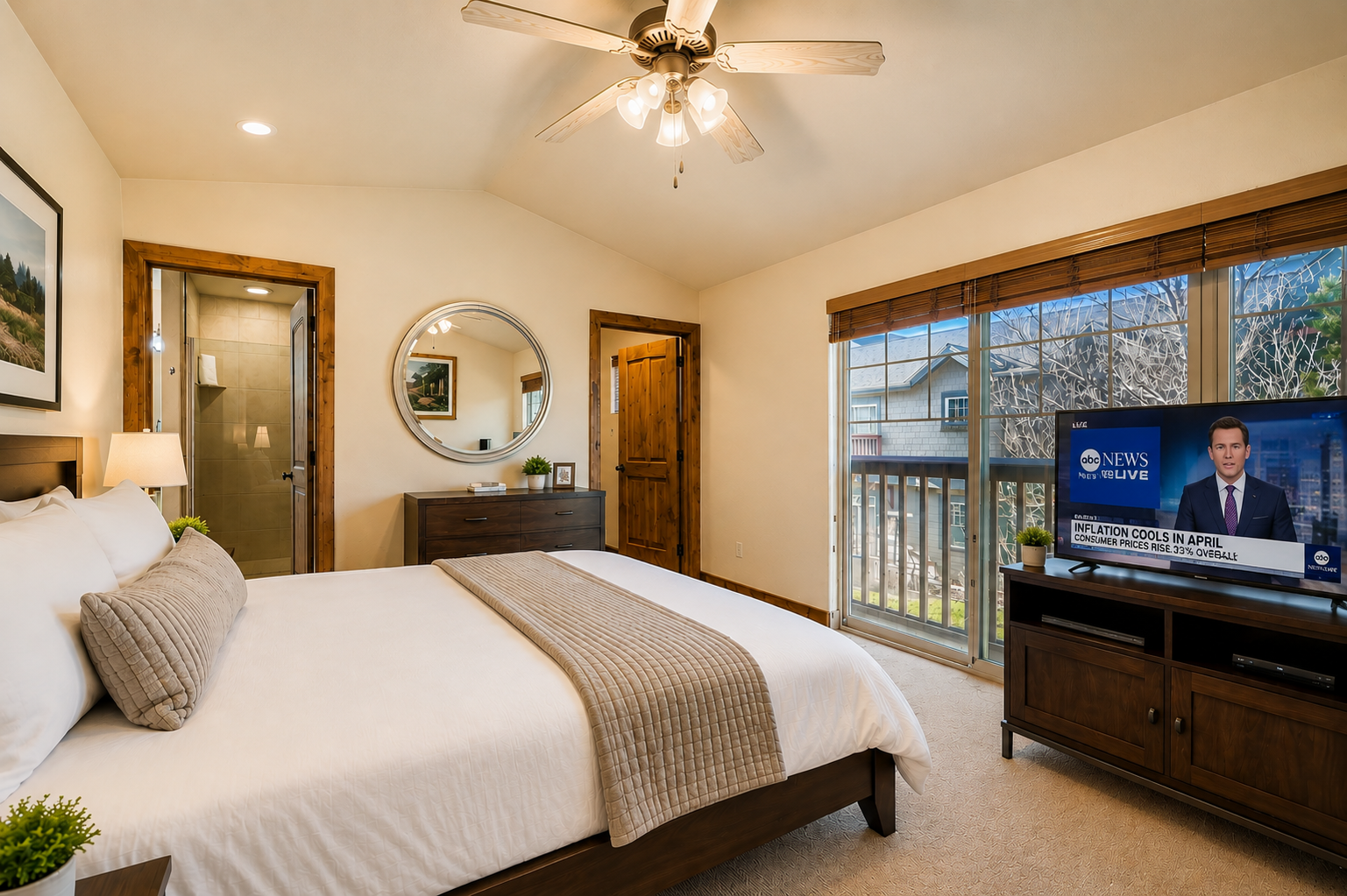 Relax in your spacious bedroom with a plush bed, ceiling fan, and a TV for your entertainment. Large windows frame peaceful neighborhood views and fill the room with natural light.