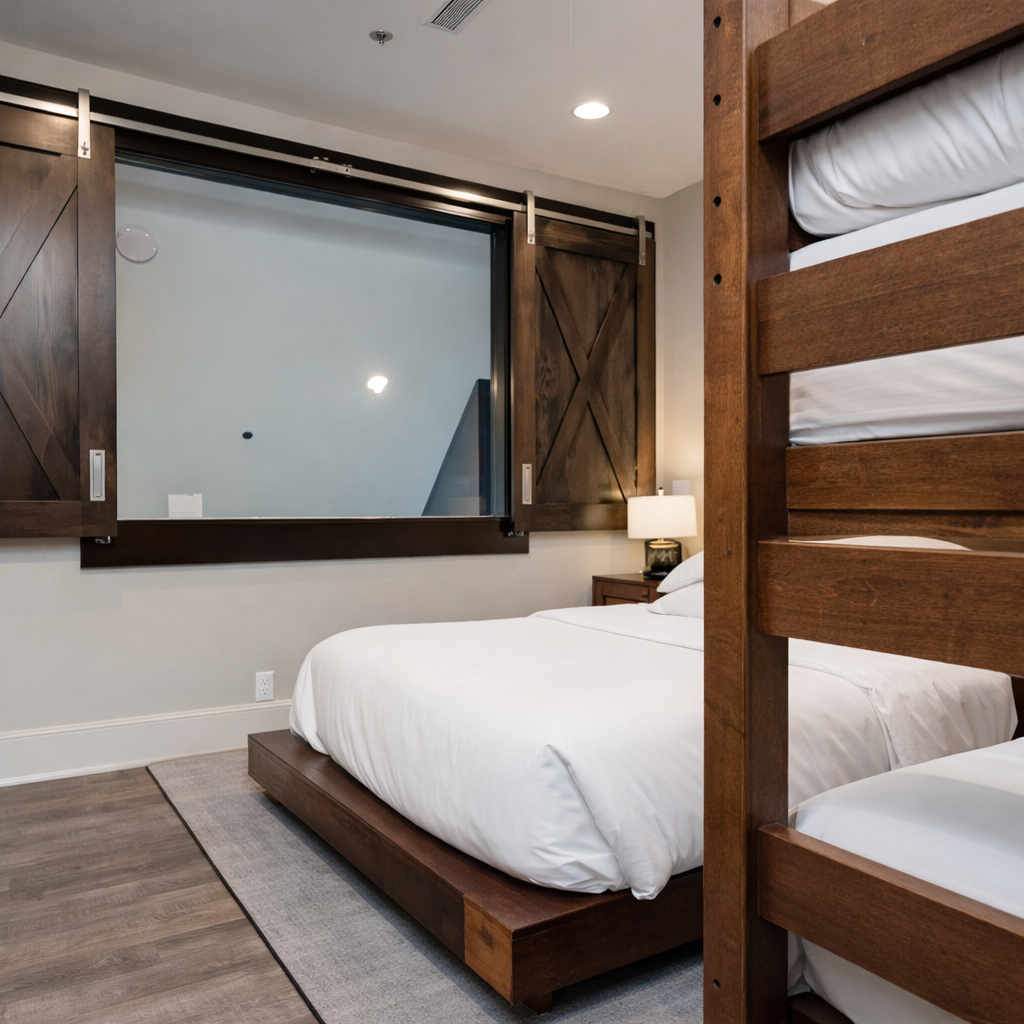 Rest comfortably in your custom bunk room with premium linens and rustic barn doors for privacy.