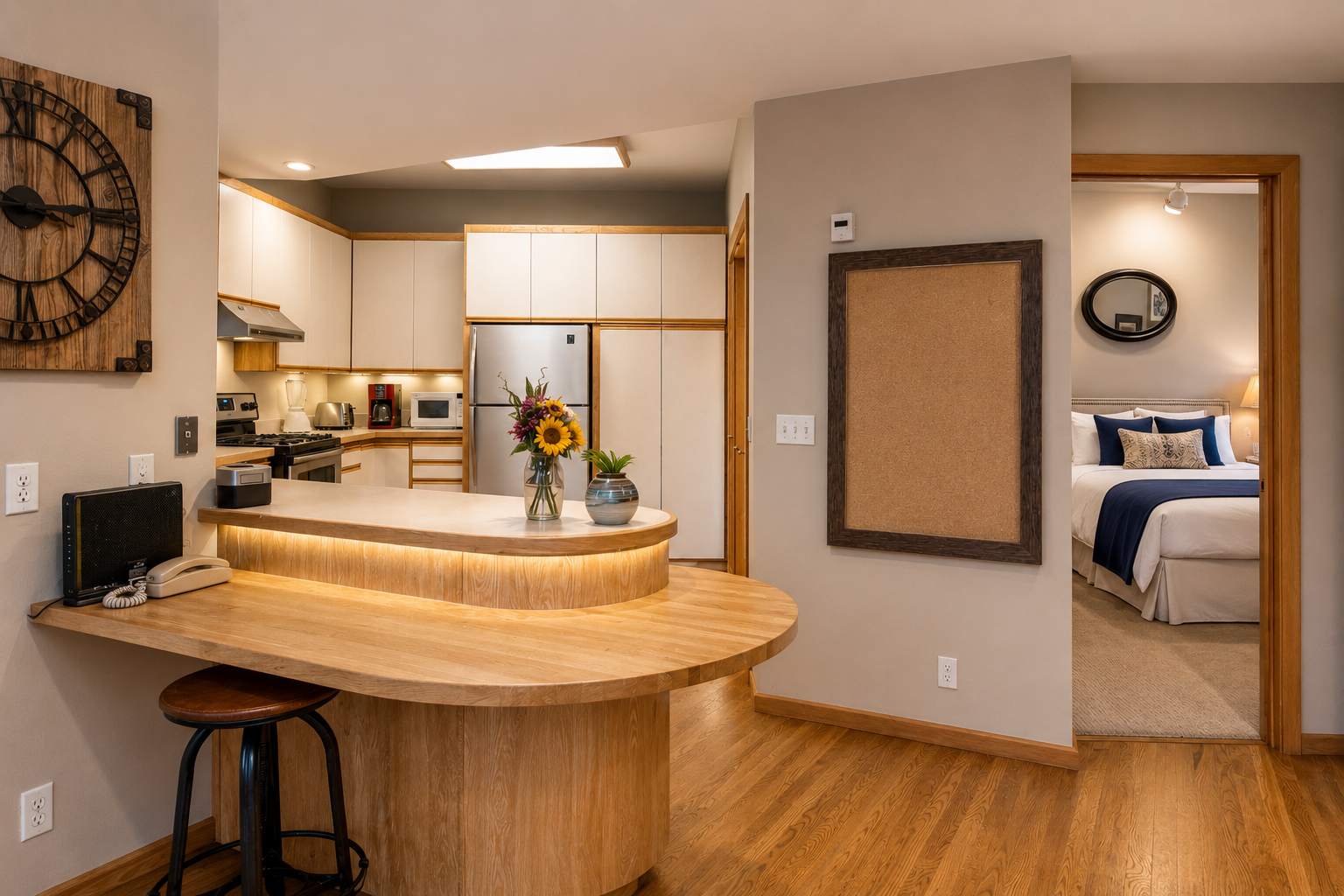 Your open-concept retreat features a thoughtfully designed kitchen with modern appliances, a cozy breakfast bar with ambient lighting, and a restful bedroom beyond—all bathed in warm, natural light.
