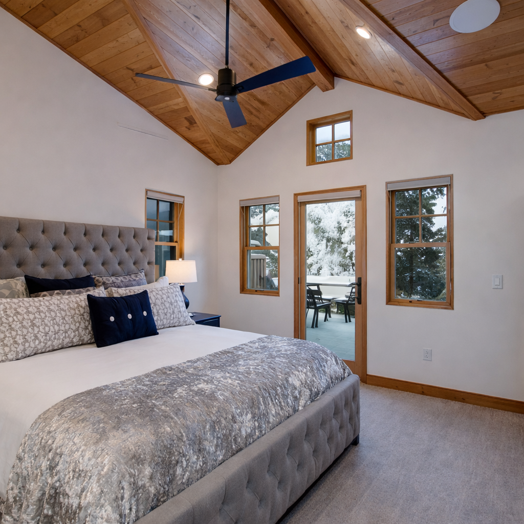 Retire to this quiet, second floor king bedroom featuring a comfortable upholstered bed, vaulted wood ceiling, and access to a deck. The perfect escape.