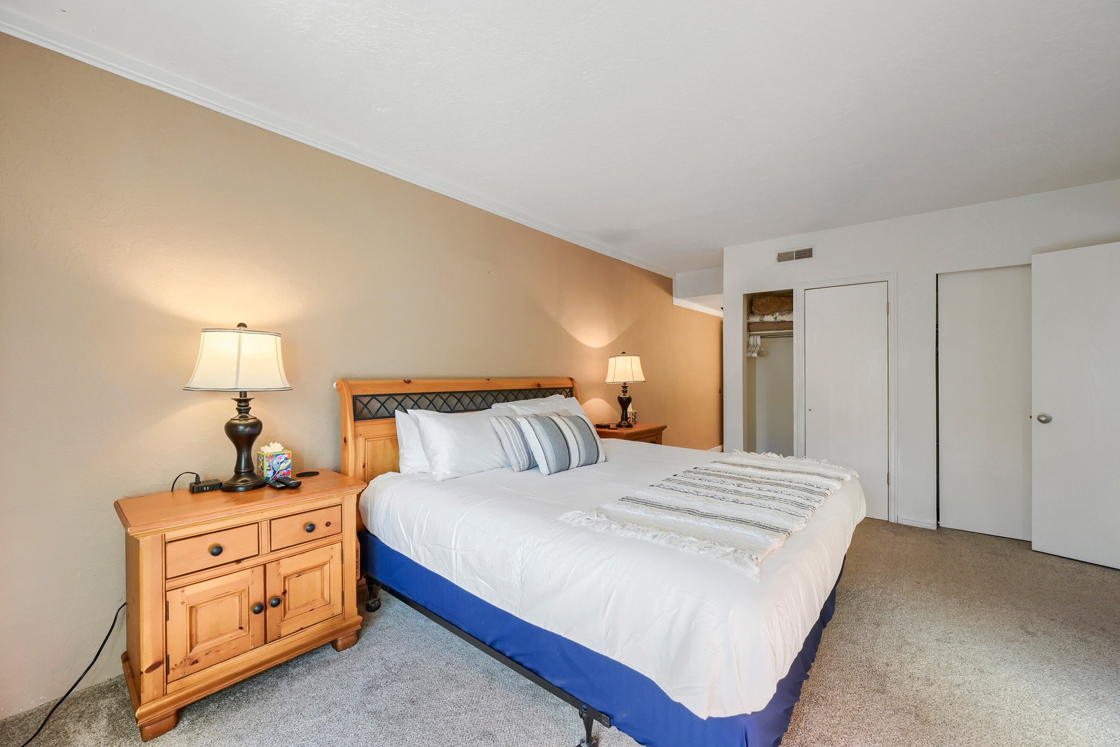 Slip into crisp linens and sink into your plush bed after a day of adventure. Soft lighting and ample storage make your room a peaceful retreat.