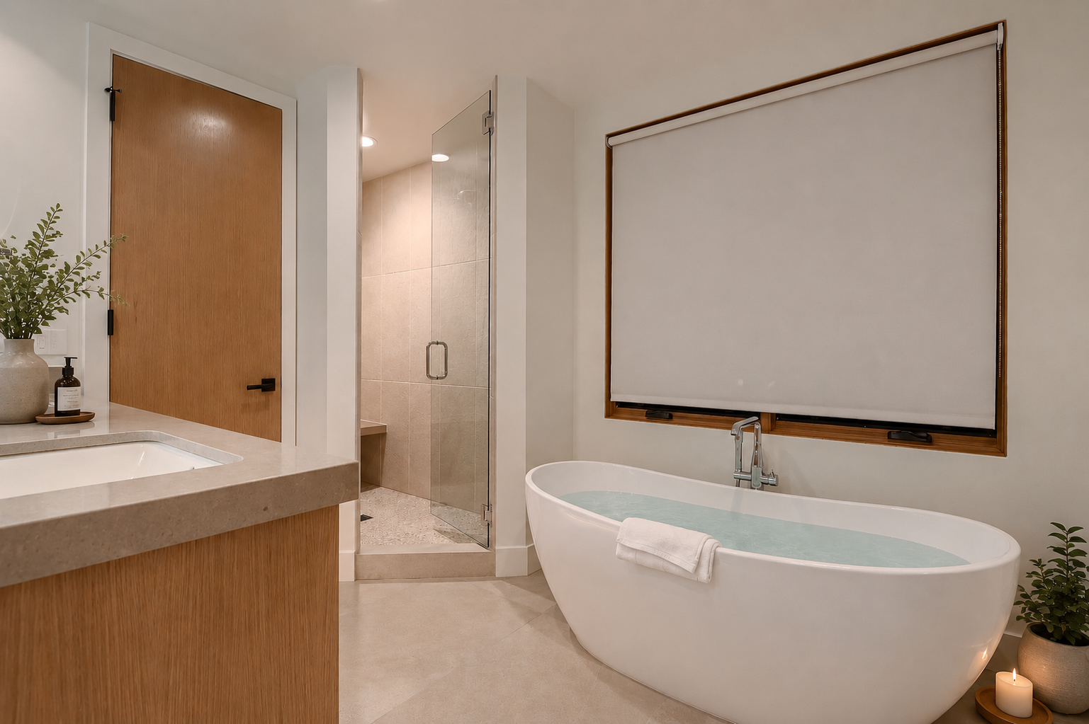 Your private sanctuary awaits. Slip into the deep soaking tub beneath calming natural light, with a walk-in shower and spa-inspired finishes creating your perfect retreat.
