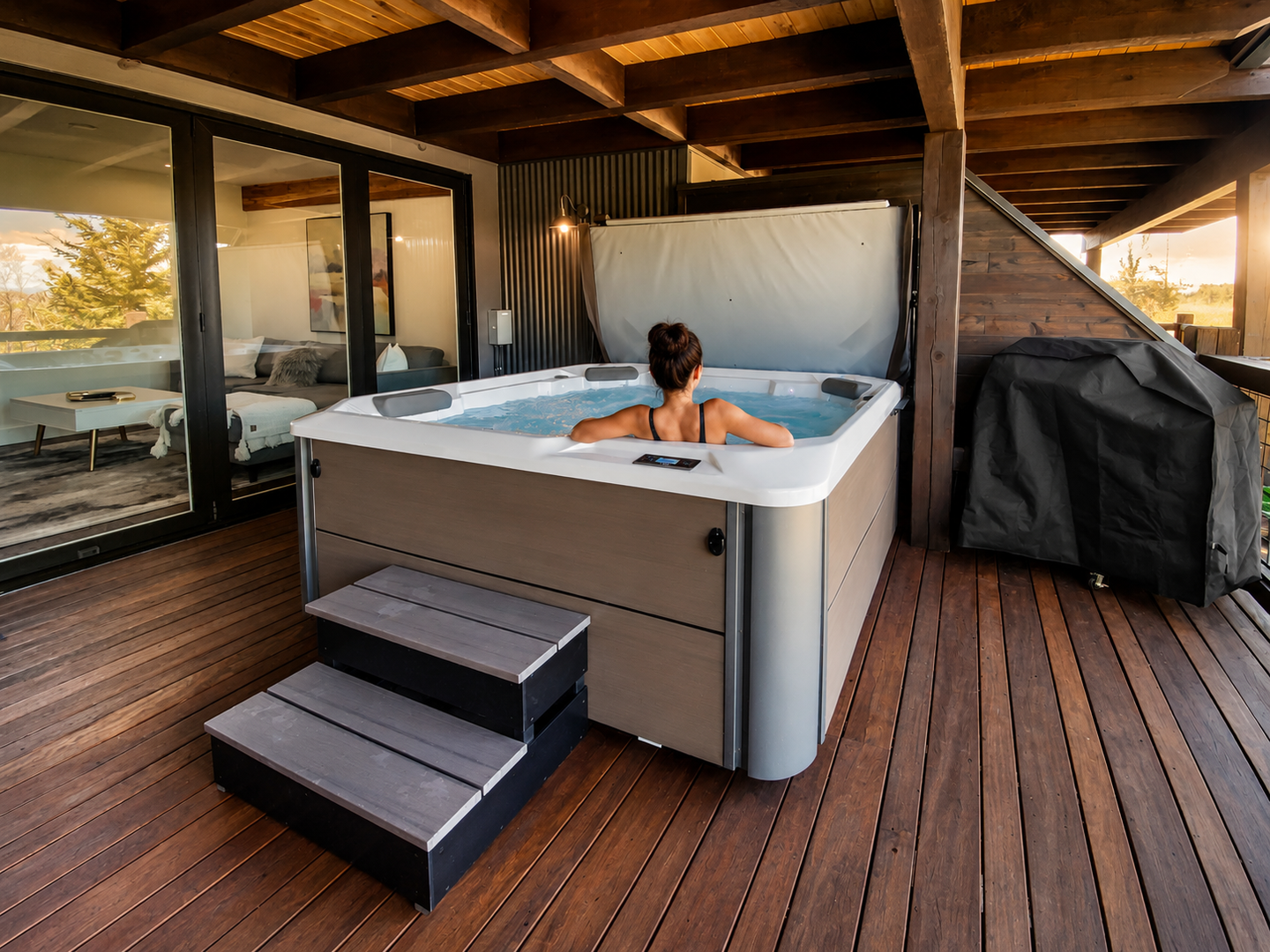 Soak under the stars in your private outdoor hot tub on the deck. Perfect for relaxing and unwinding after a day of mountain adventures.
