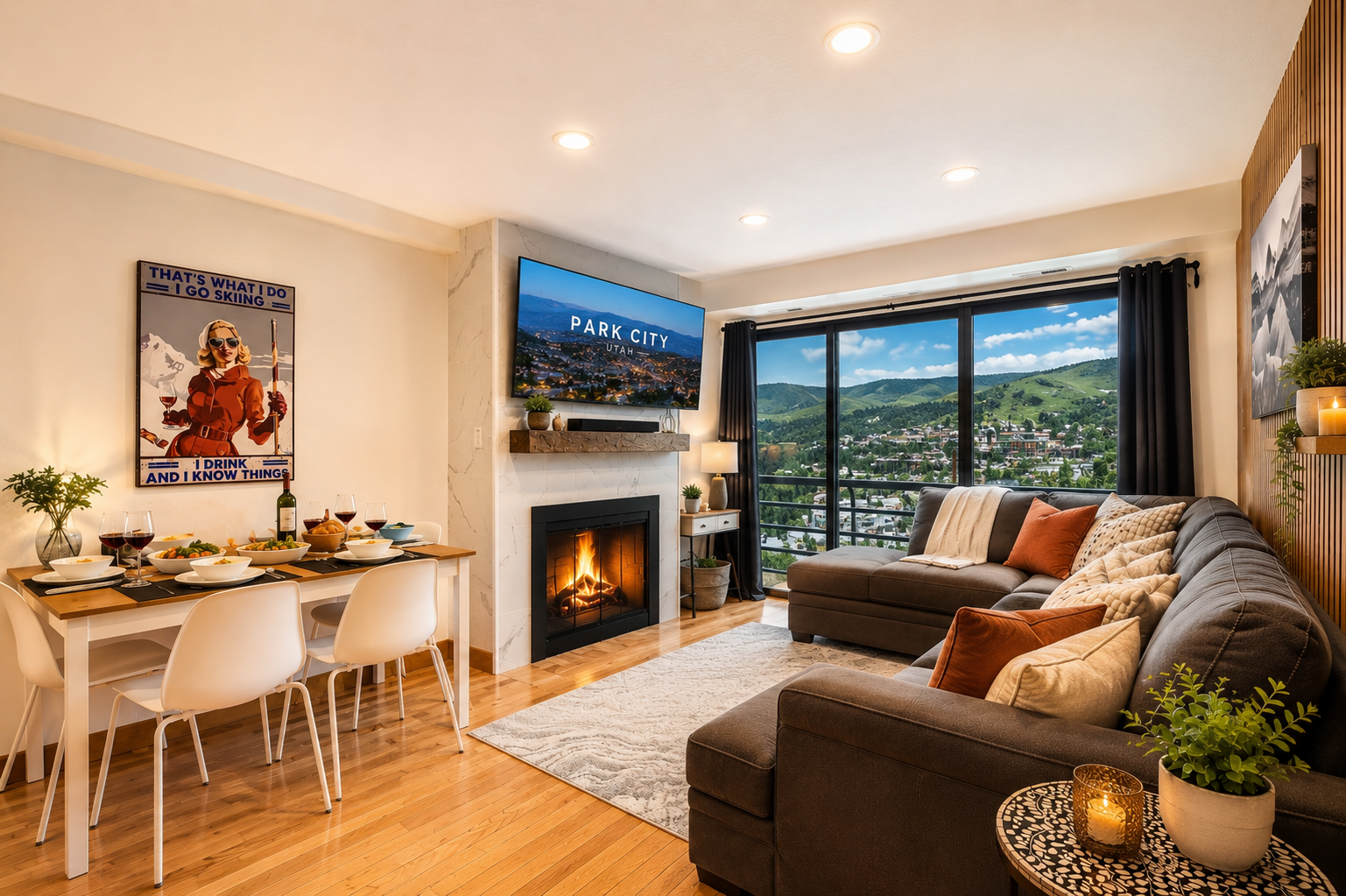 Relax in your cozy living room with a roaring fireplace, sweeping mountain views, and a dining setup ready for your gatherings. Warm light and thoughtful touches make this space feel like home.