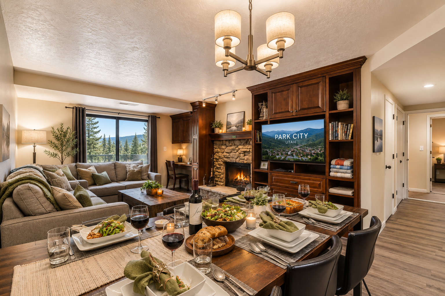 Gather with loved ones in this inviting open-concept space where your fireplace glows and mountain views frame every meal. Your evenings here blend comfort, warmth, and memorable conversations.