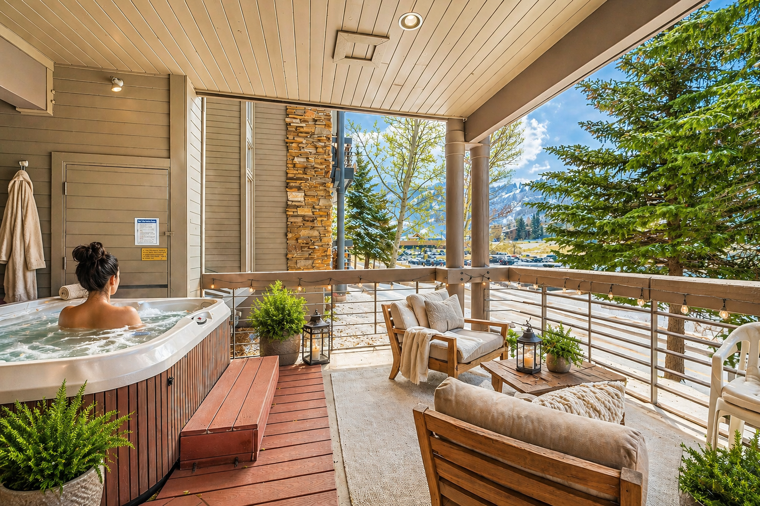 Elegant bathroom featuring granite countertops, warm wood cabinetry, and a spacious glass shower where you can unwind after your day of exploring.