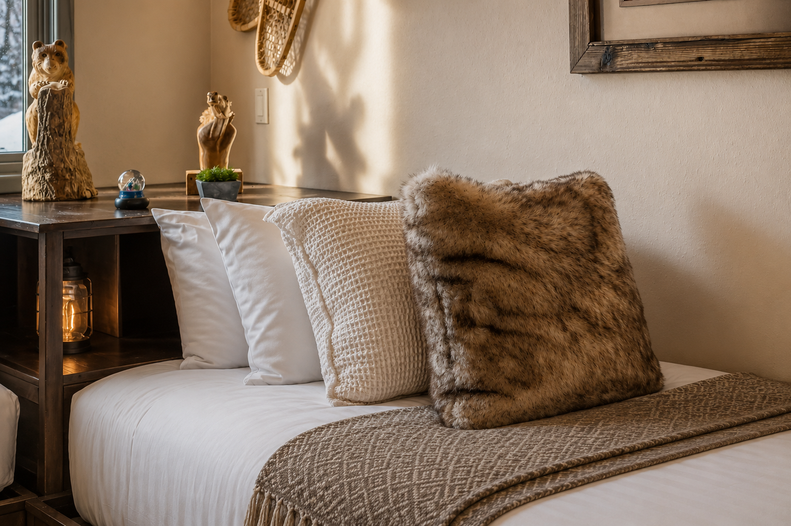 Sink into the plush comfort of your bed, where textured pillows and soft linens invite you to relax and unwind in this cozy retreat.