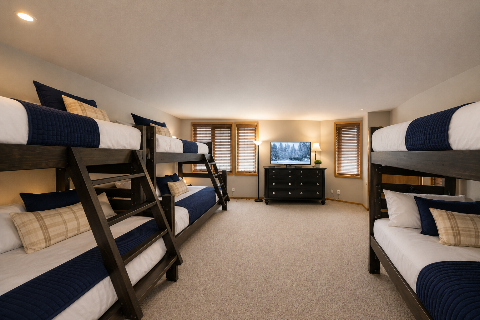 Modern, stylish bunk beds built for both kids and adults, providing cozy, versatile accommodation for any group.