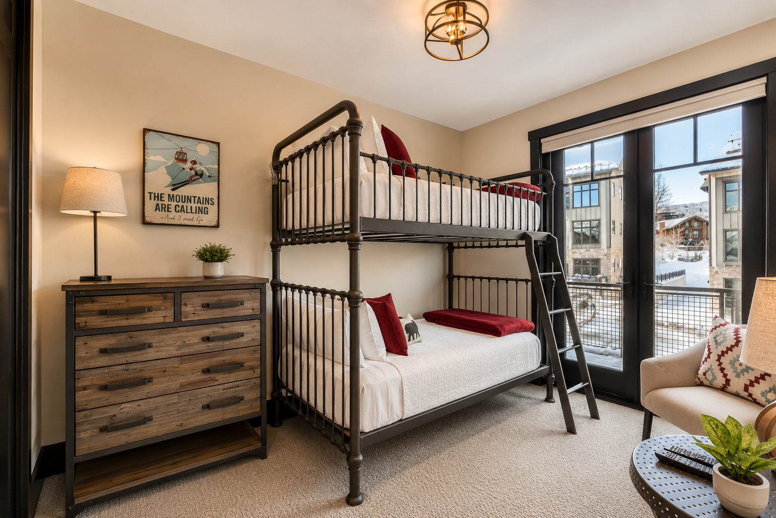 Maximize your stay in this bright, modern guest room. Offering a sturdy twin-over-twin metal bunk, ample storage, and prime local views, it’s a cozy and organized retreat.