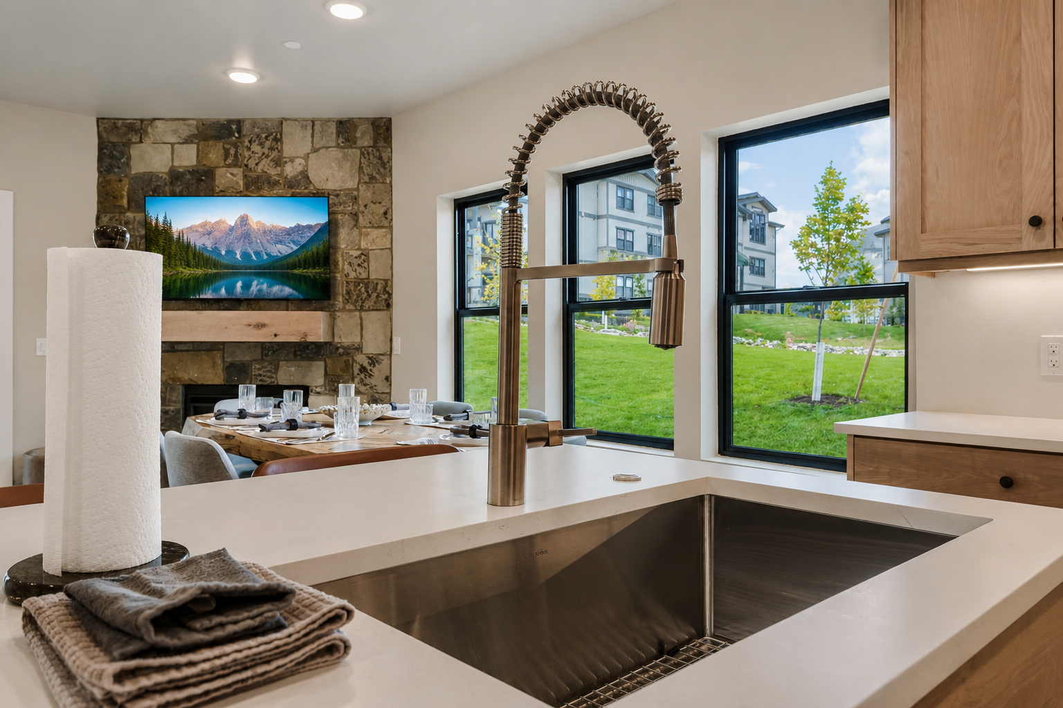 Your open kitchen features modern quartz countertops, a sleek farmhouse sink, and warm wood cabinetry. Prep meals surrounded by mountain views and natural light streaming through the large windows.
