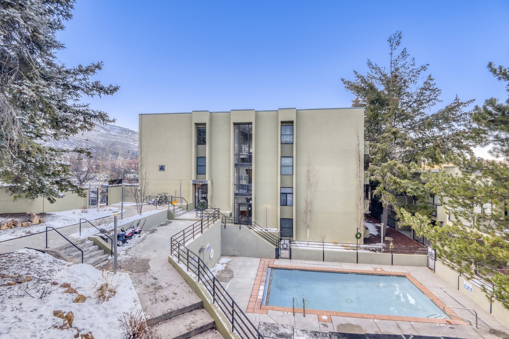 Modern mountain retreat with heated pool surrounded by snow-dusted pines and stunning alpine views.
