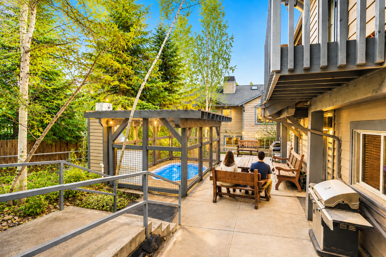 Your community outdoor terrace features a relaxing hot tub, BBQ grill, and comfortable seating surrounded by peaceful trees.