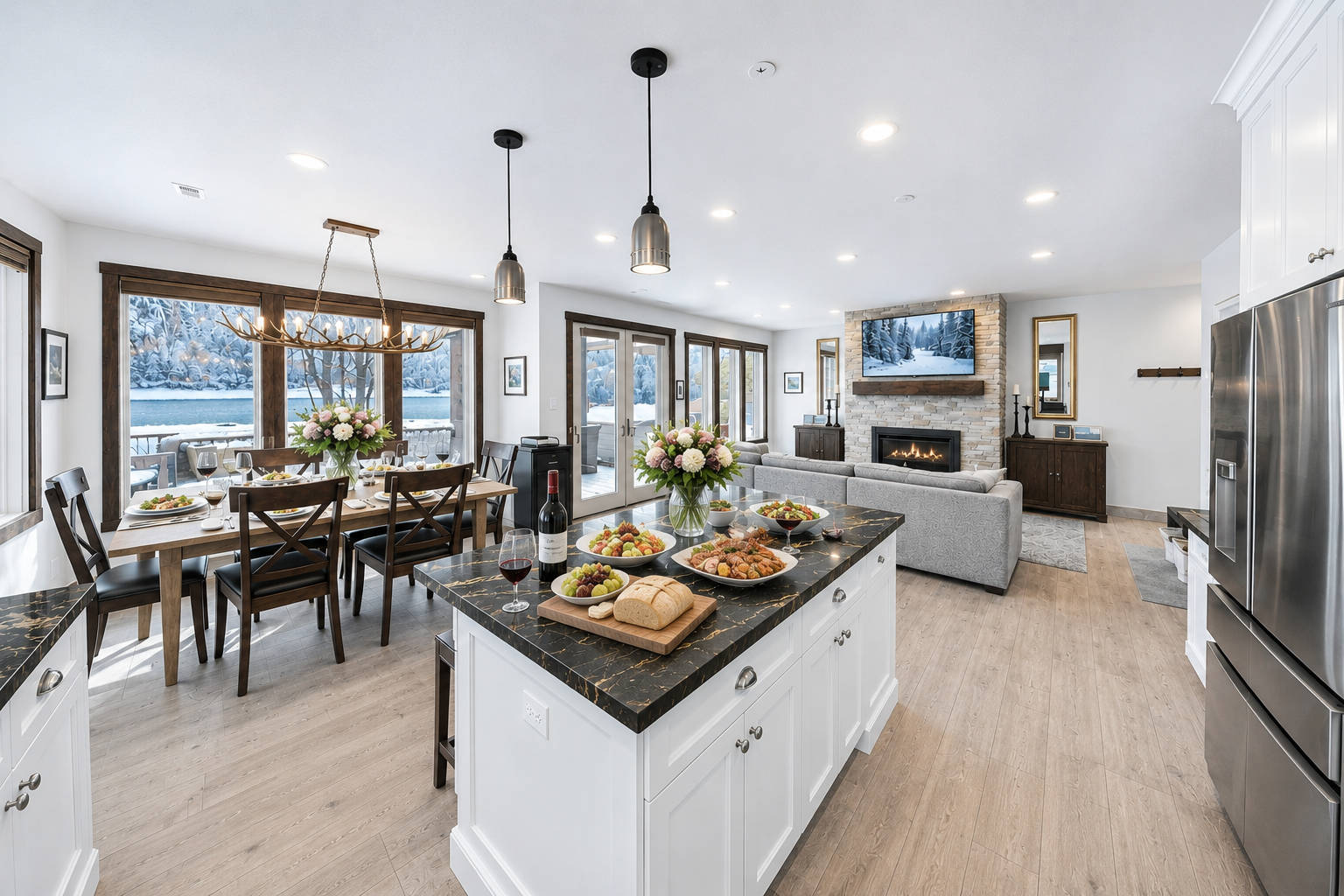 Step into your lakeside retreat where an open-concept design flows from a gourmet kitchen through dining to a cozy living space. Gather around the island for wine and appetizers, then unwind by the fireplace with stunning water views.