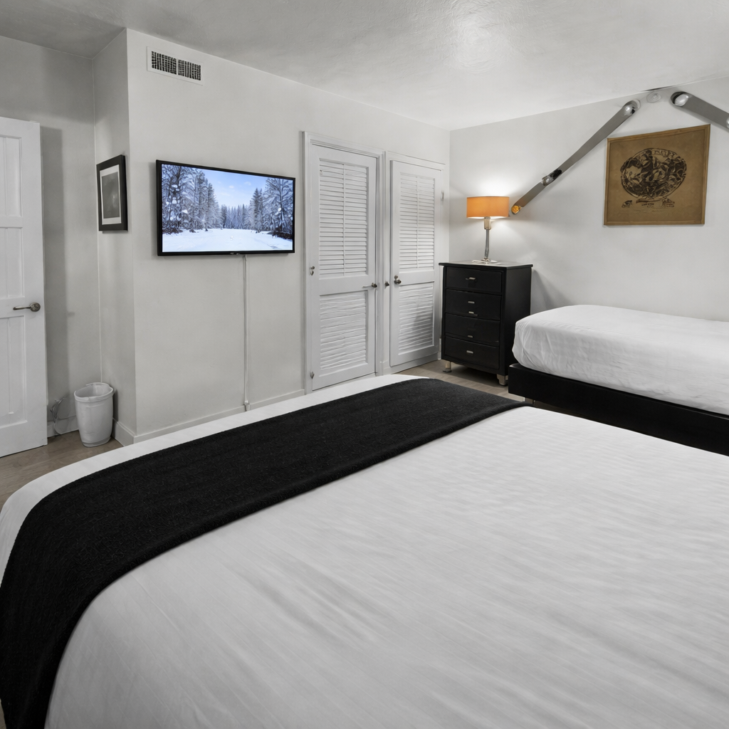 Escape to your private mountain retreat! This cozy room, with two full beds and custom ski decor, is the perfect base for adventure.