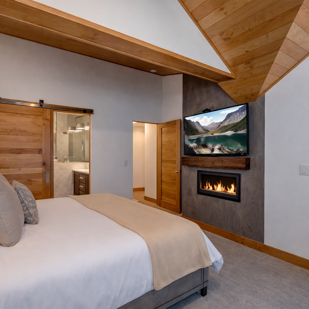 Retire to the second floor primary king bedroom. Features a comfortable king bed, cozy fireplace, and a large TV. The perfect spot to unwind and relax in peace.