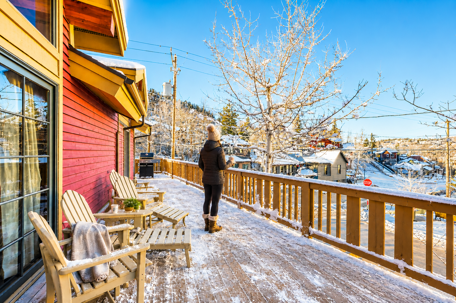 A spacious wooden deck features Adirondack chairs where you can enjoy crisp winter mornings with mountain views, warm sunlight, and peaceful neighborhood charm framed by snow-dusted trees.