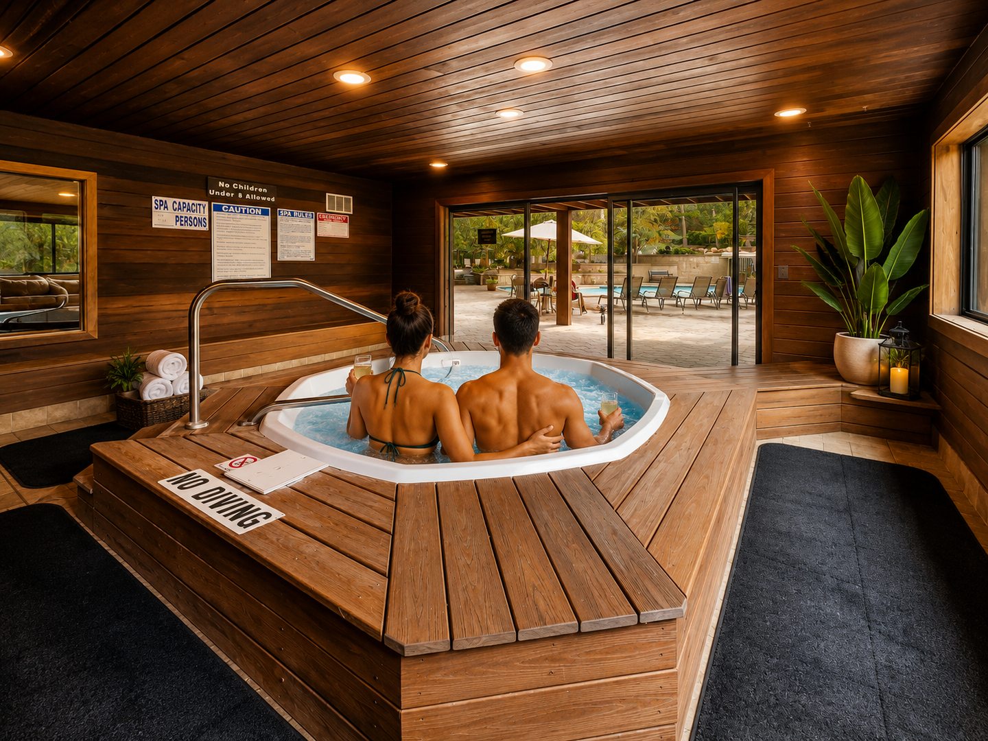 Soak and unwind in the Red Pine community's year-round indoor hot tub! This serene space is surrounded by natural wood decking and windows