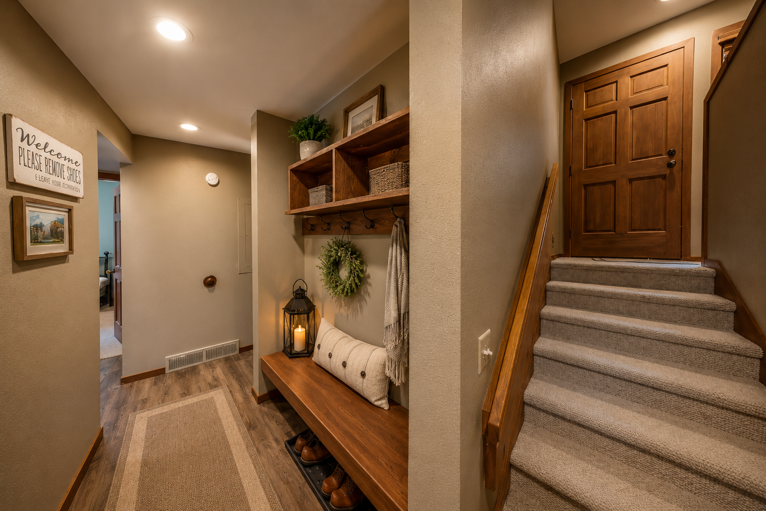 Step inside to a welcoming entryway with thoughtful touches like a cozy bench, warm lighting, and storage for shoes—making your arrival feel effortless and homey.