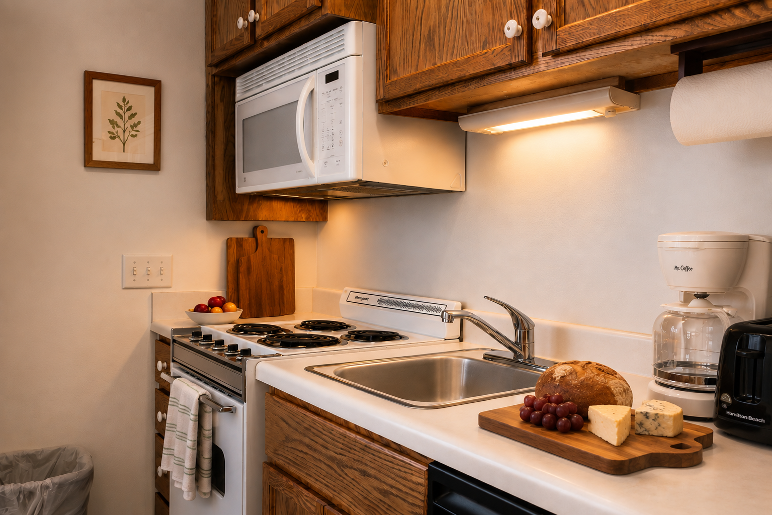 Your fully equipped kitchenette awaits with a coffee maker, microwave, and stove—everything you need to whip up a quick breakfast or evening snack between adventures.