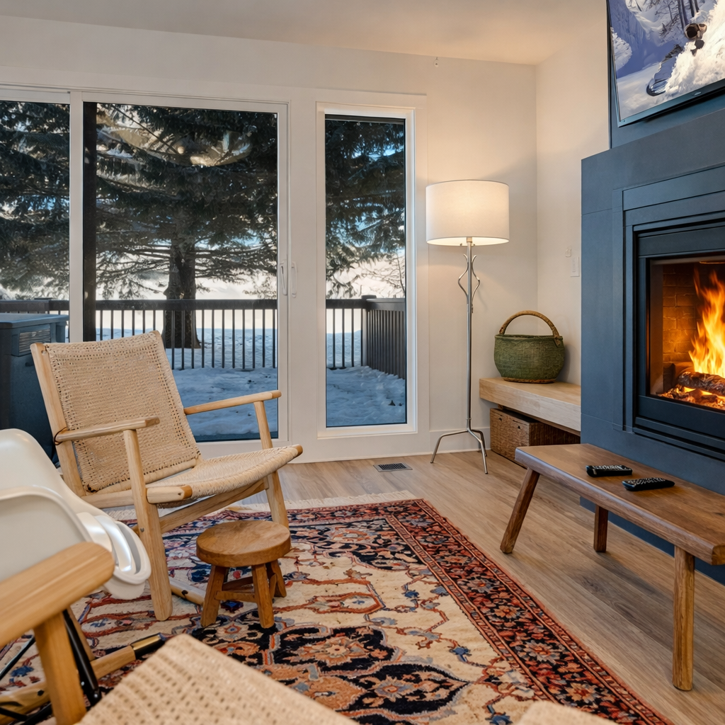 Unwind by the warm fireplace in our cozy living area, featuring an armchair and a deck with snowy views. The perfect spot to relax after mountain adventures.