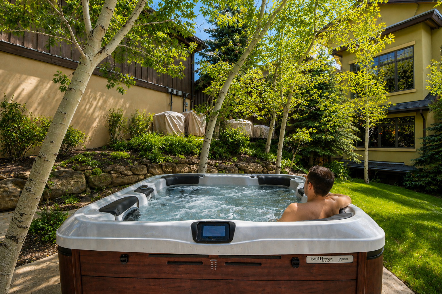 Soak your cares away in the bubbling hot tub, nestled under mature aspens in a tranquil, sun-dappled backyard oasis.