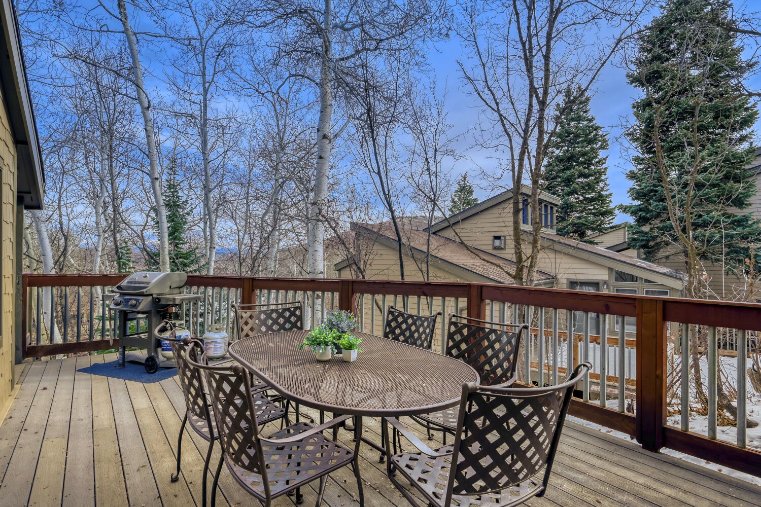 Step onto your private deck where morning coffee and sunset dinners await at this charming outdoor dining table, surrounded by towering evergreens.