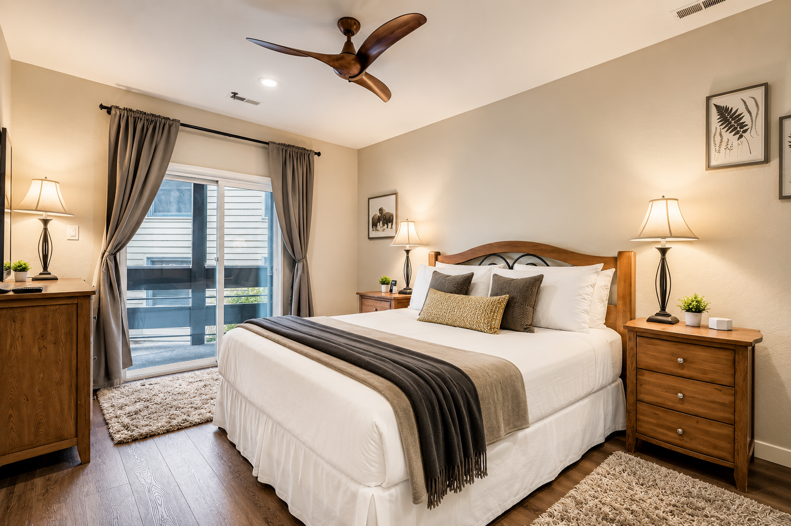 Sink into plush bedding and unwind beneath the gentle ceiling fan as soft lamplight creates your perfect evening sanctuary.
