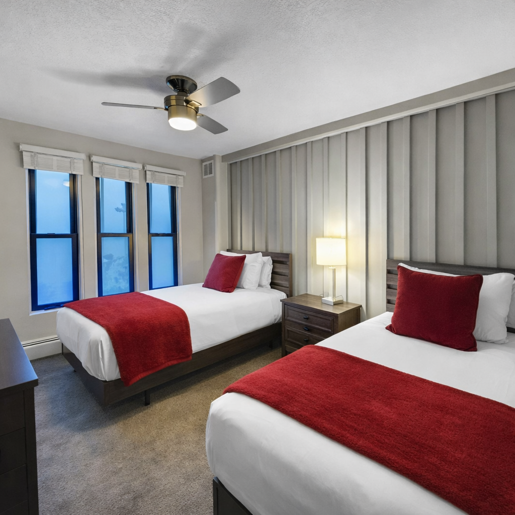 Relax in your spacious bedroom with two comfortable beds, modern furnishings, and large windows that fill the room with natural light.