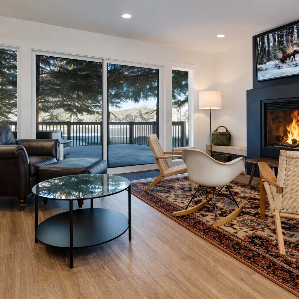 Unwind by your crackling fireplace while enjoying peaceful tree views from your private balcony in this stylish retreat.