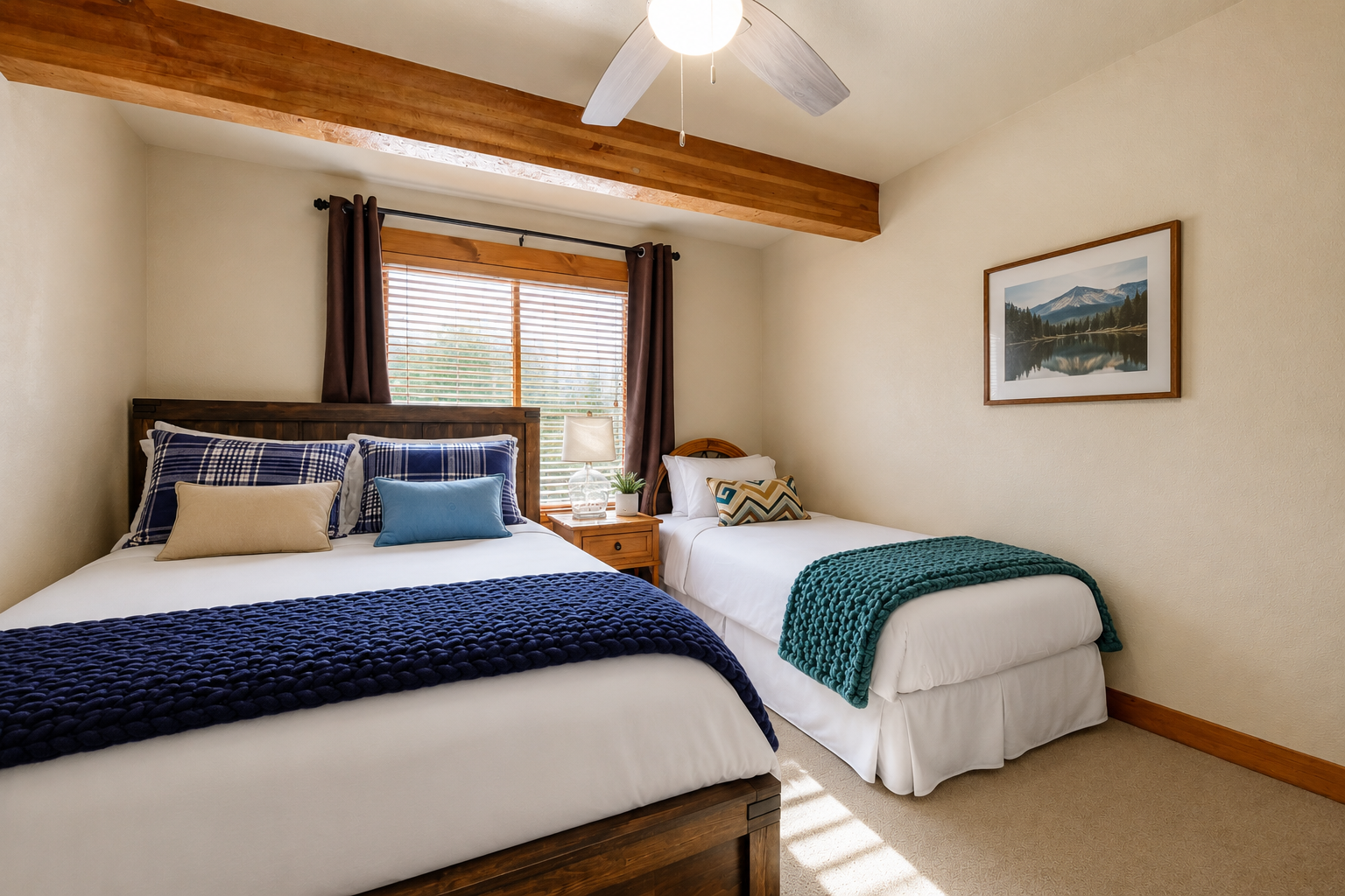 Unwind in your cozy bedroom featuring rustic wooden beams, comfortable beds with soft linens, and natural light streaming through the window.
