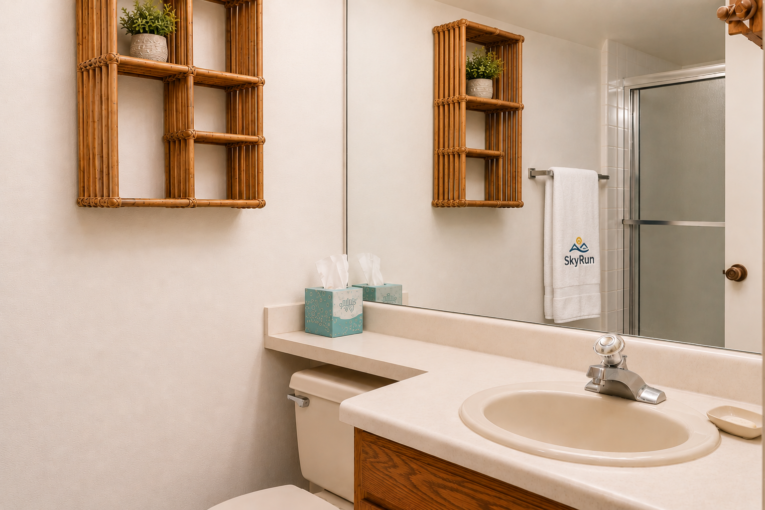 Step into your private bathroom with warm wood accents, fresh towels, and everything you need for a refreshing start to your mountain getaway.