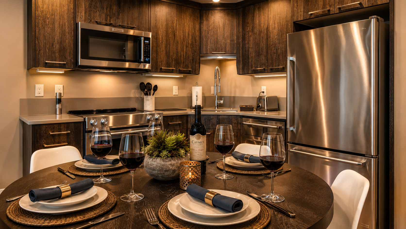 Gather around your private dining area for memorable meals. Elegant place settings, modern appliances, and warm wood cabinetry create an inviting space to enjoy evenings together.