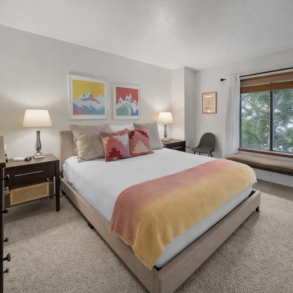 Drift off in your cozy bedroom featuring a plush bed, warm lighting, and colorful mountain artwork that creates a peaceful retreat.
