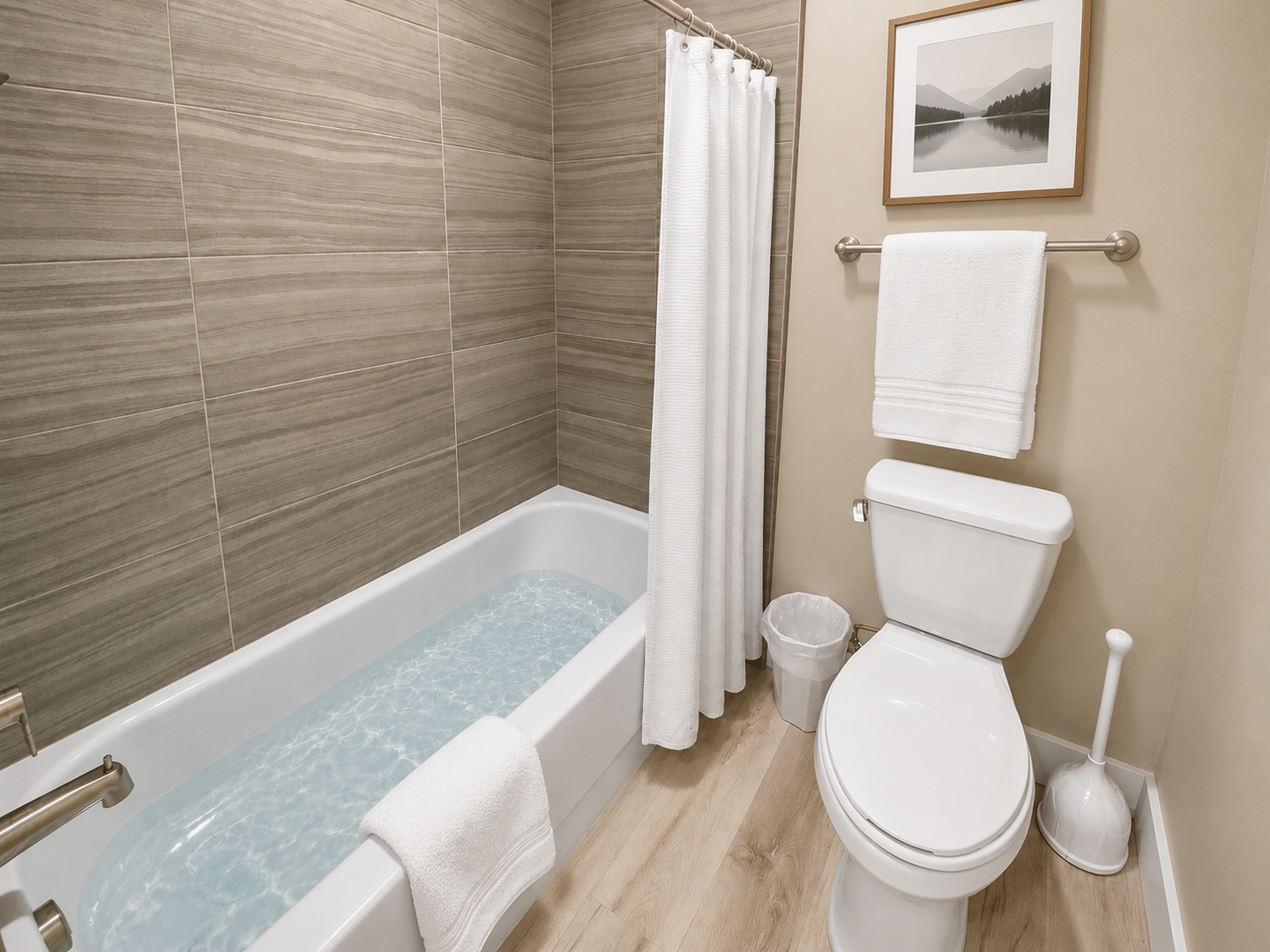 Sink into the soothing bathtub after a day of adventures, surrounded by modern tile and fresh linens. Everything you need for a restful retreat is right here.