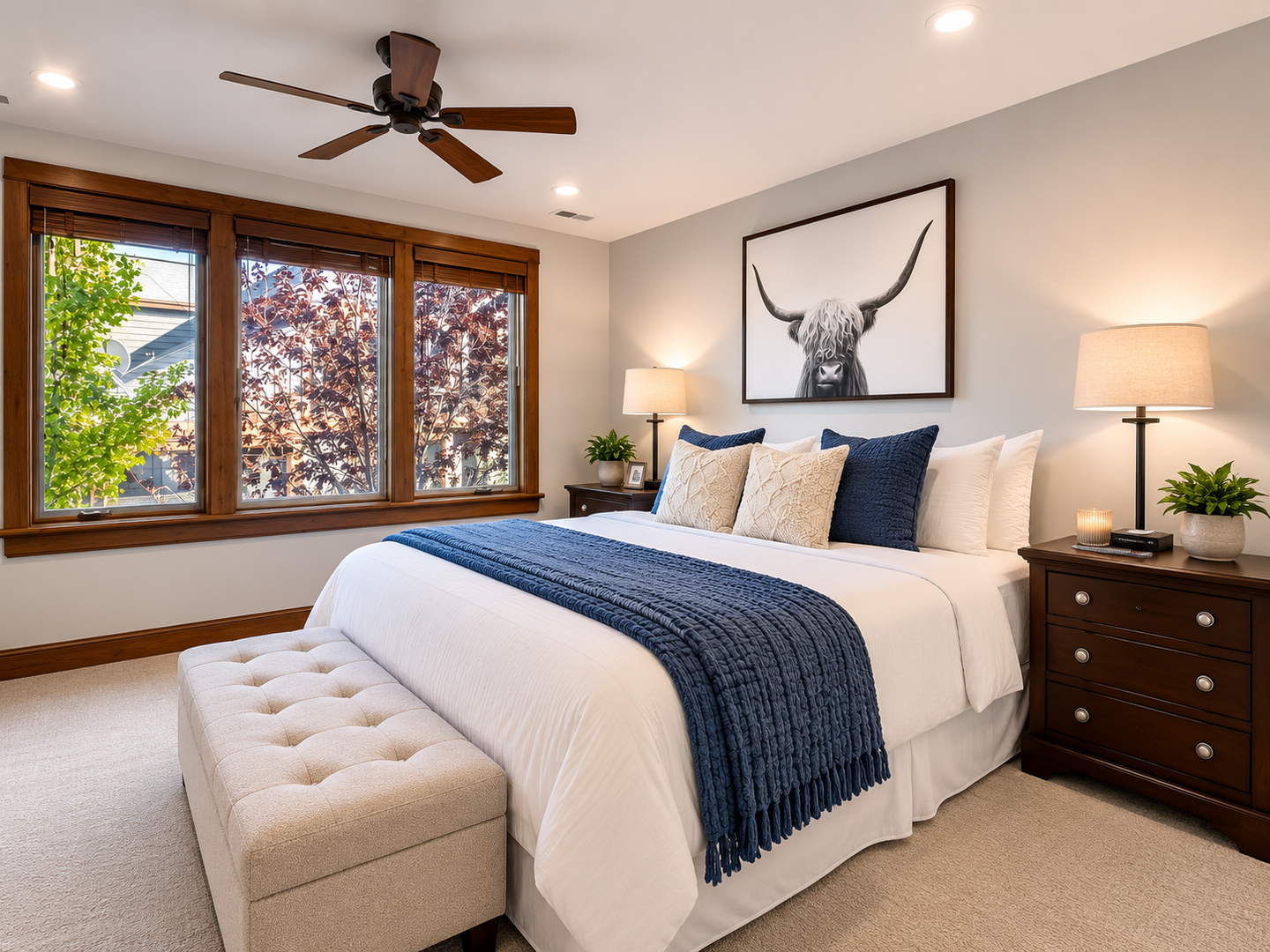Sink into crisp, soft linens and wake to leafy views in your peaceful bedroom. Natural light streams through large windows as the ceiling fan gently circulates fresh air overhead.